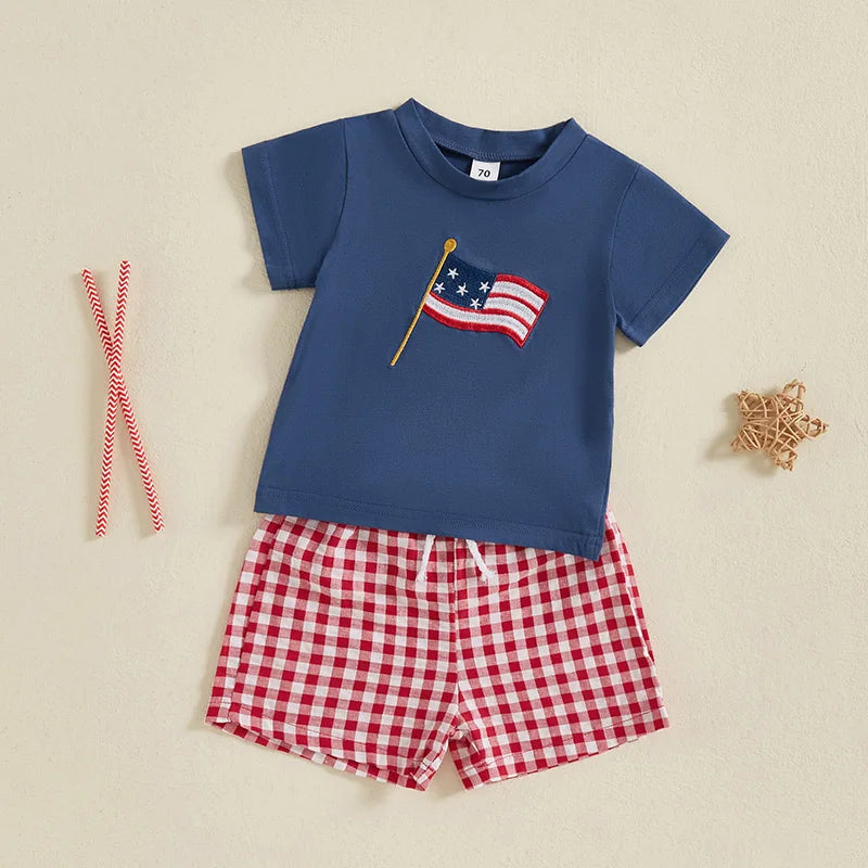 Boys Flag Tee + Plaid Shorts Set