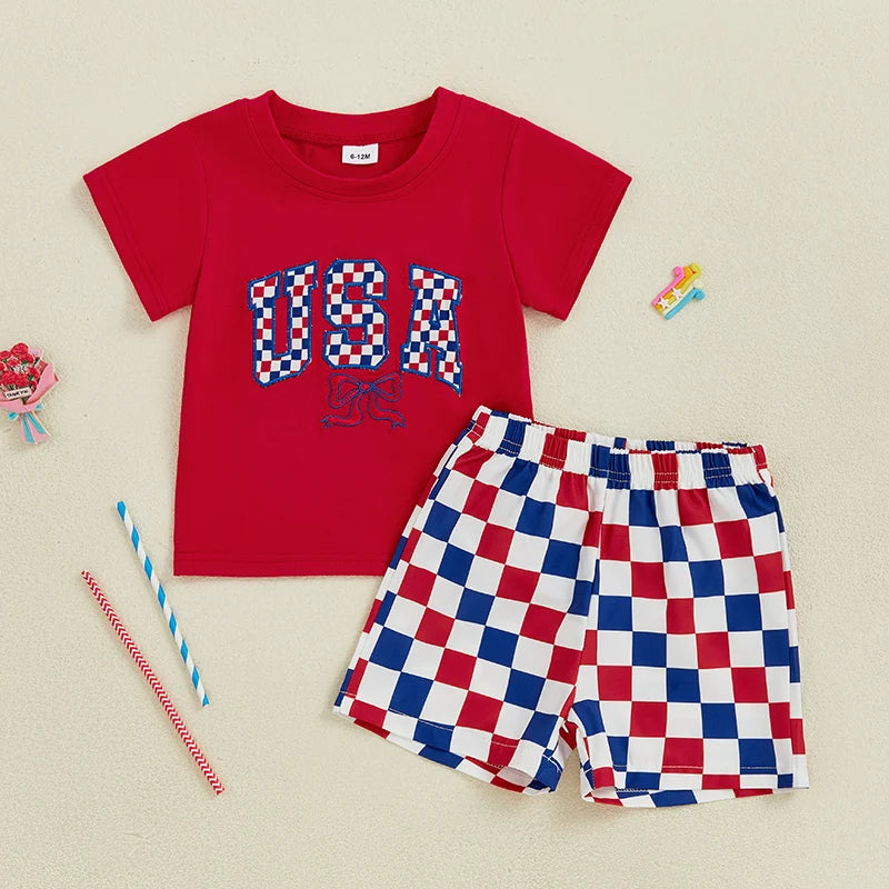 Boys USA Tee + Plaid Shorts Set