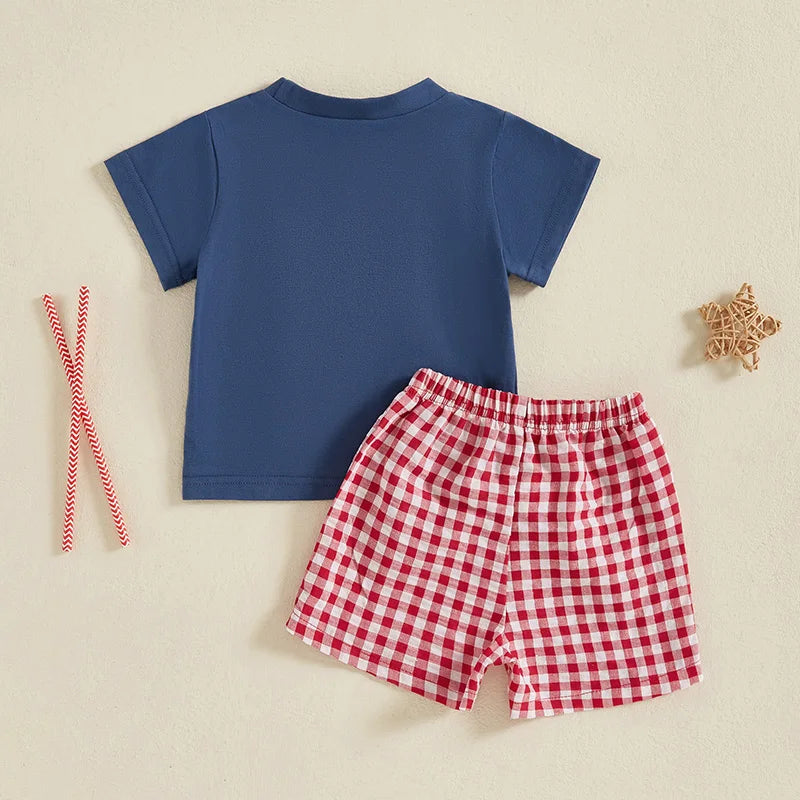 Boys Flag Tee + Plaid Shorts Set