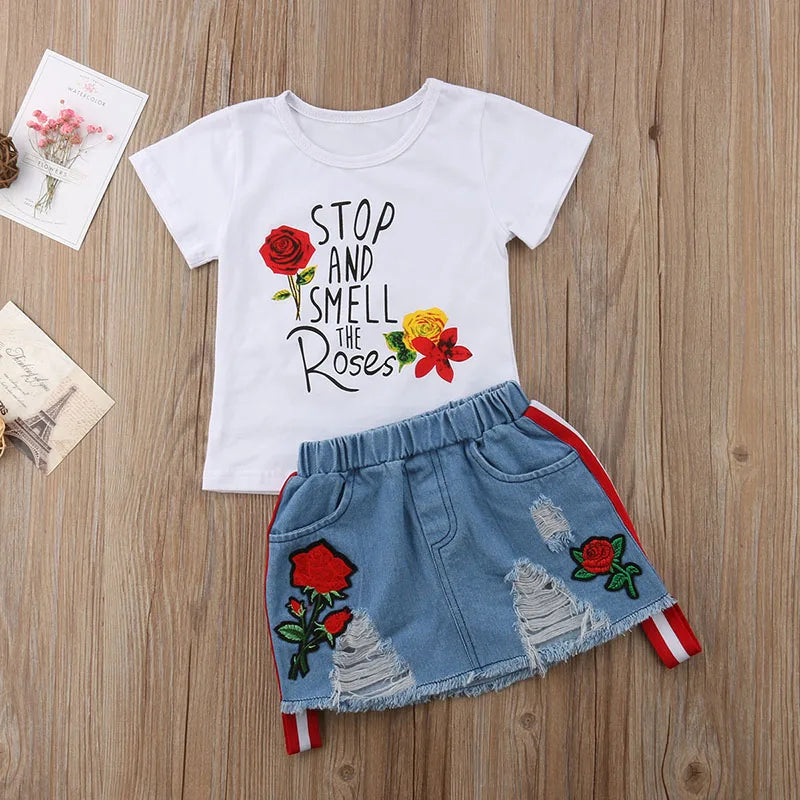Girls Floral Tee + Denim Skirt