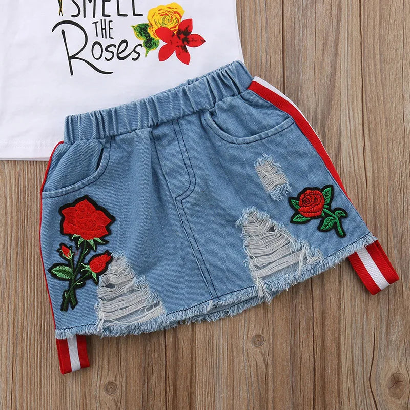 Girls Floral Tee + Denim Skirt