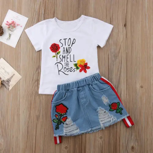 Girls Floral Tee + Denim Skirt