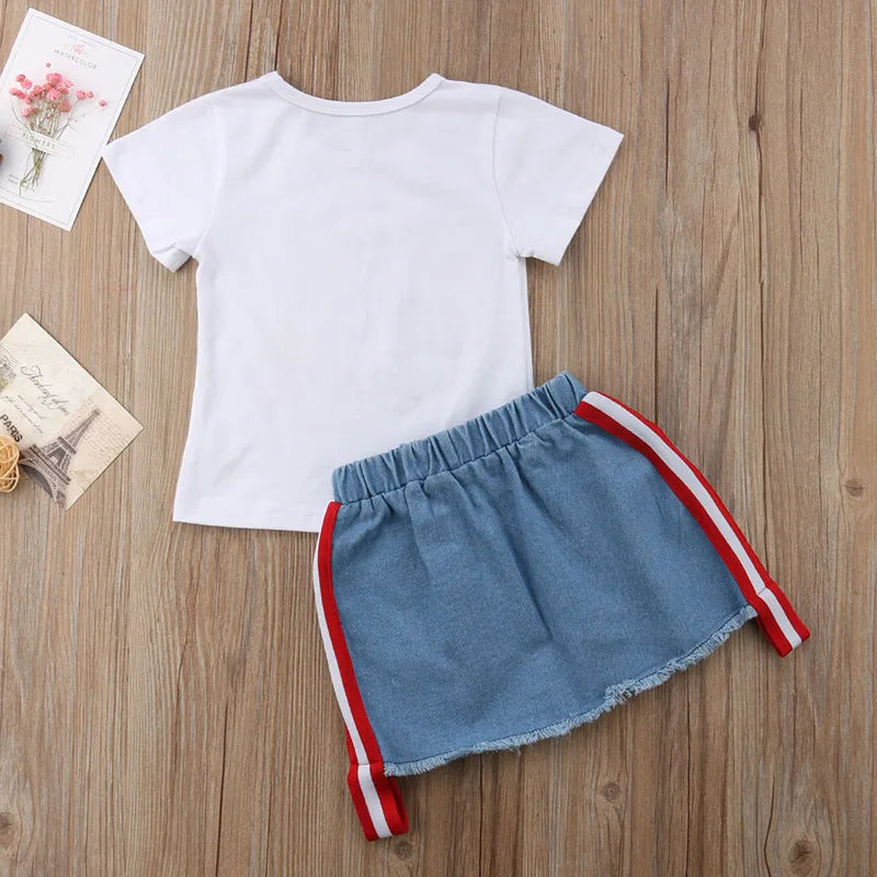 Girls Floral Tee + Denim Skirt