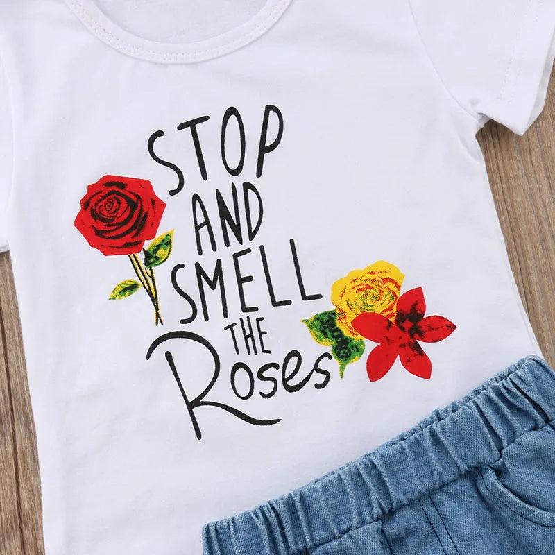 Girls Floral Tee + Denim Skirt