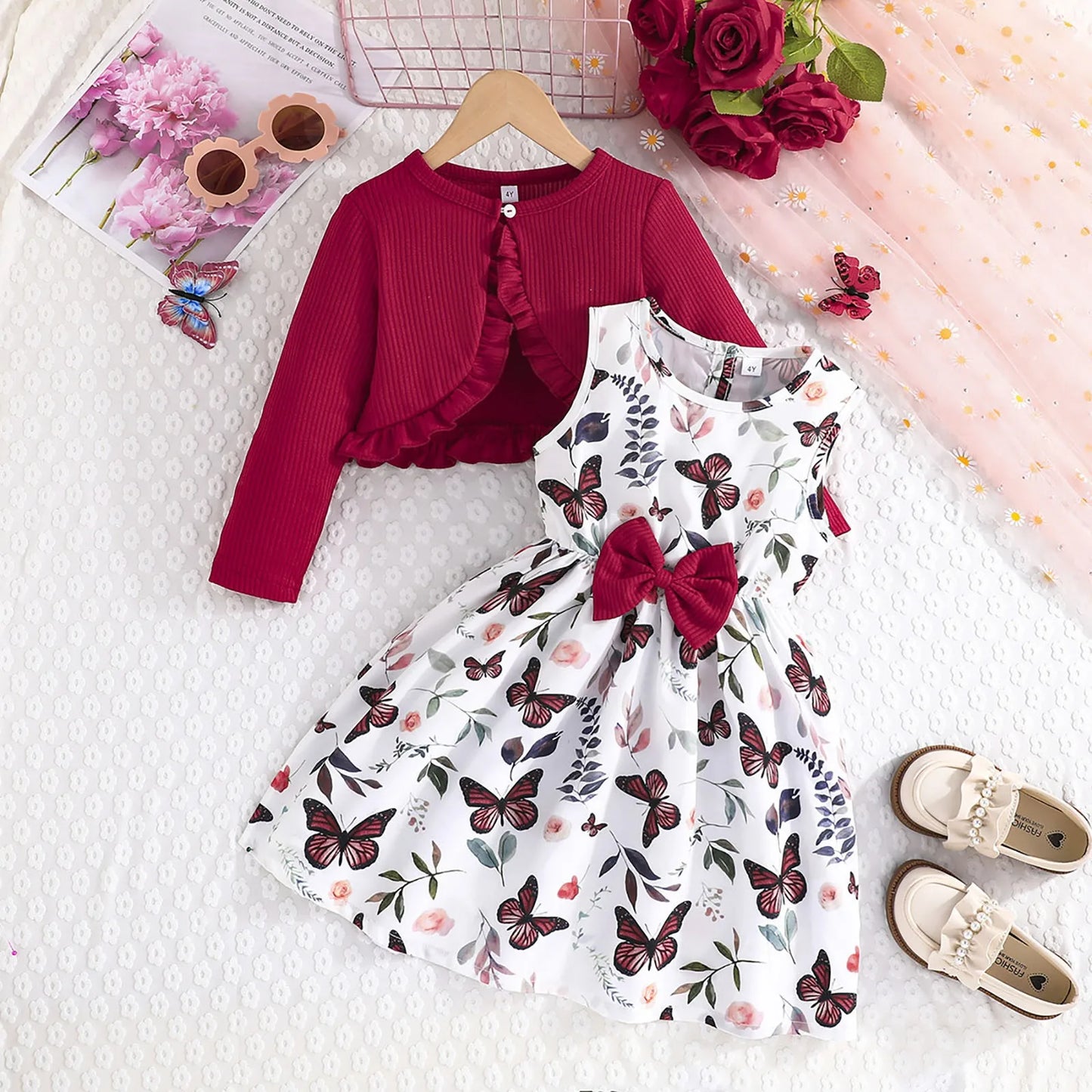 Girls Cardigan + Floral Dress Set