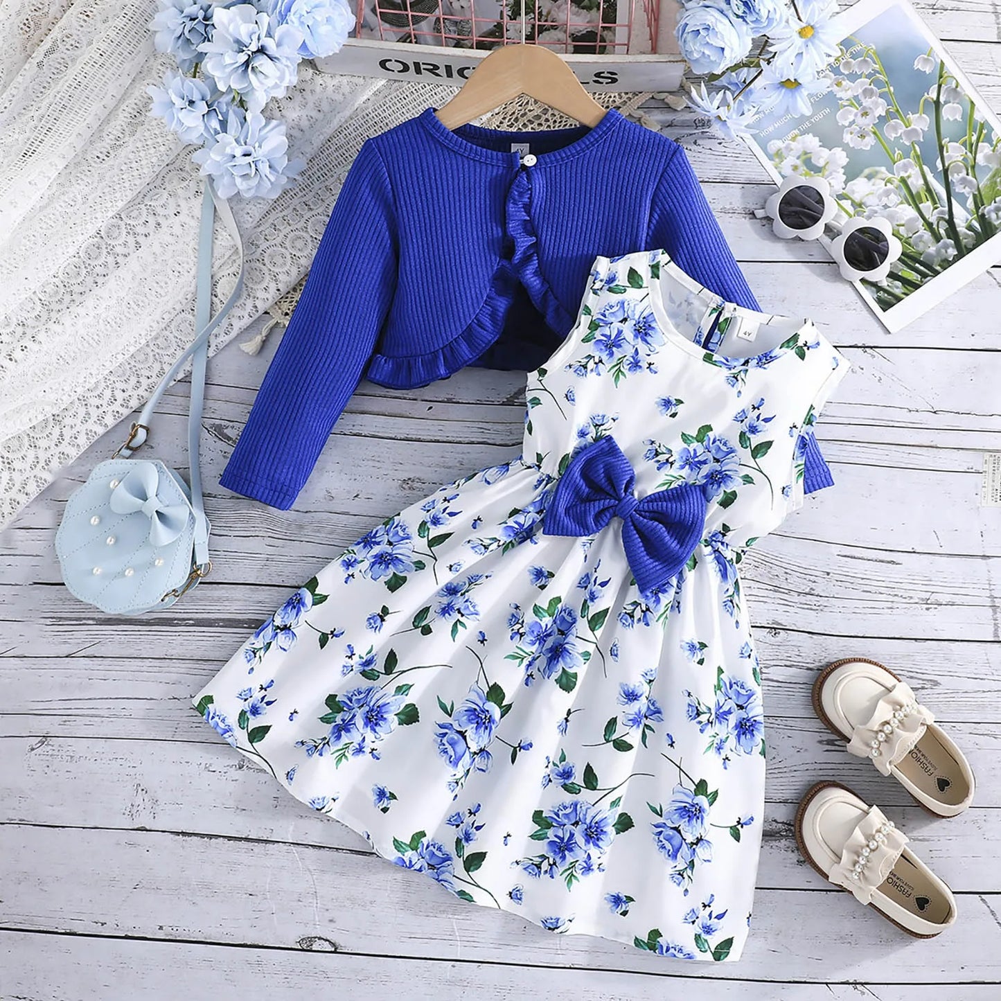 Girls Cardigan + Floral Dress Set