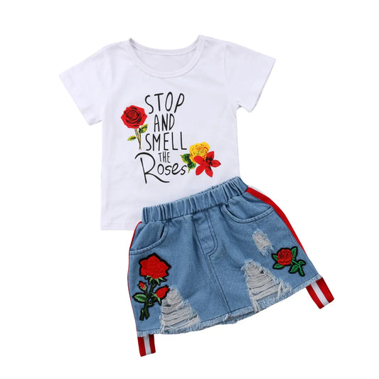 Girls Floral Tee + Denim Skirt