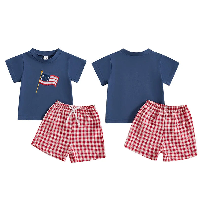 Boys Flag Tee + Plaid Shorts Set