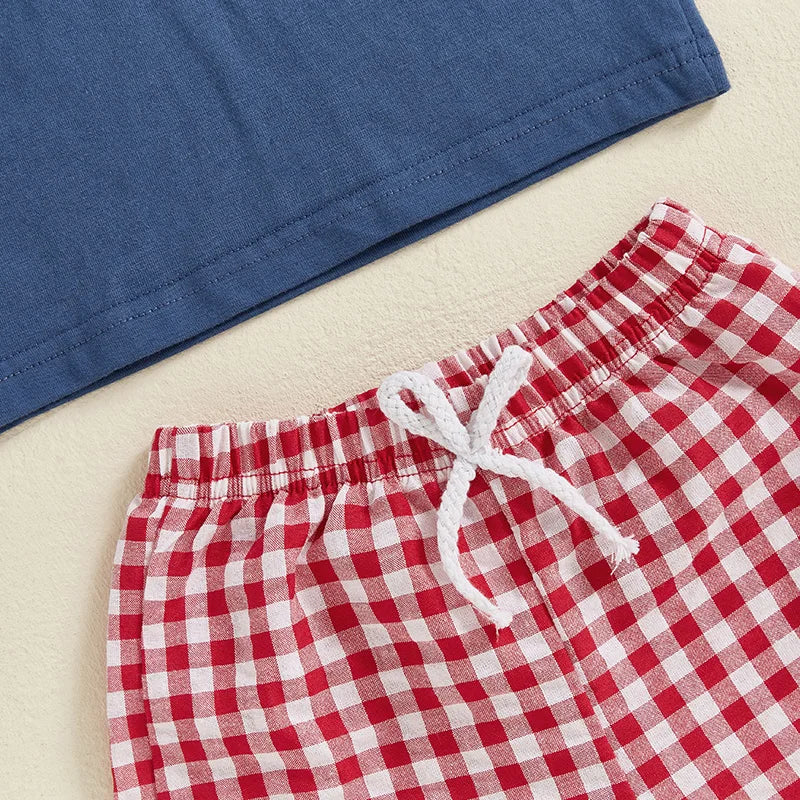 Boys Flag Tee + Plaid Shorts Set