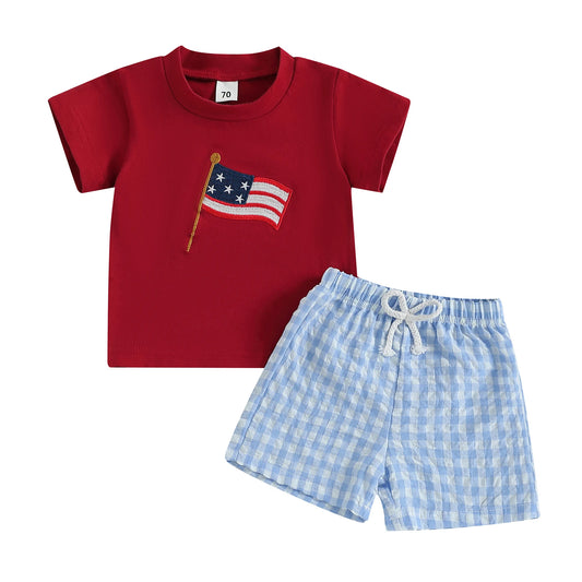 Boys Flag Tee + Plaid Shorts Set