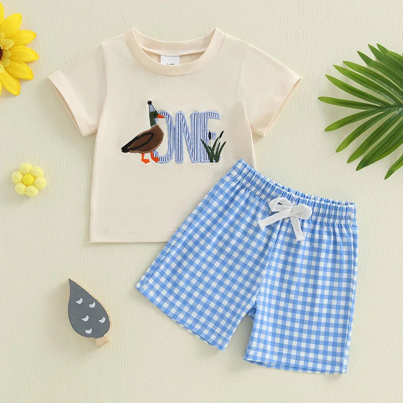 Boys Duck Tee + Plaid Shorts Set