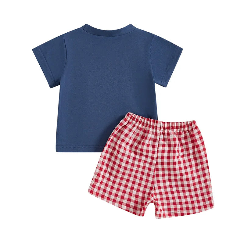 Boys Flag Tee + Plaid Shorts Set