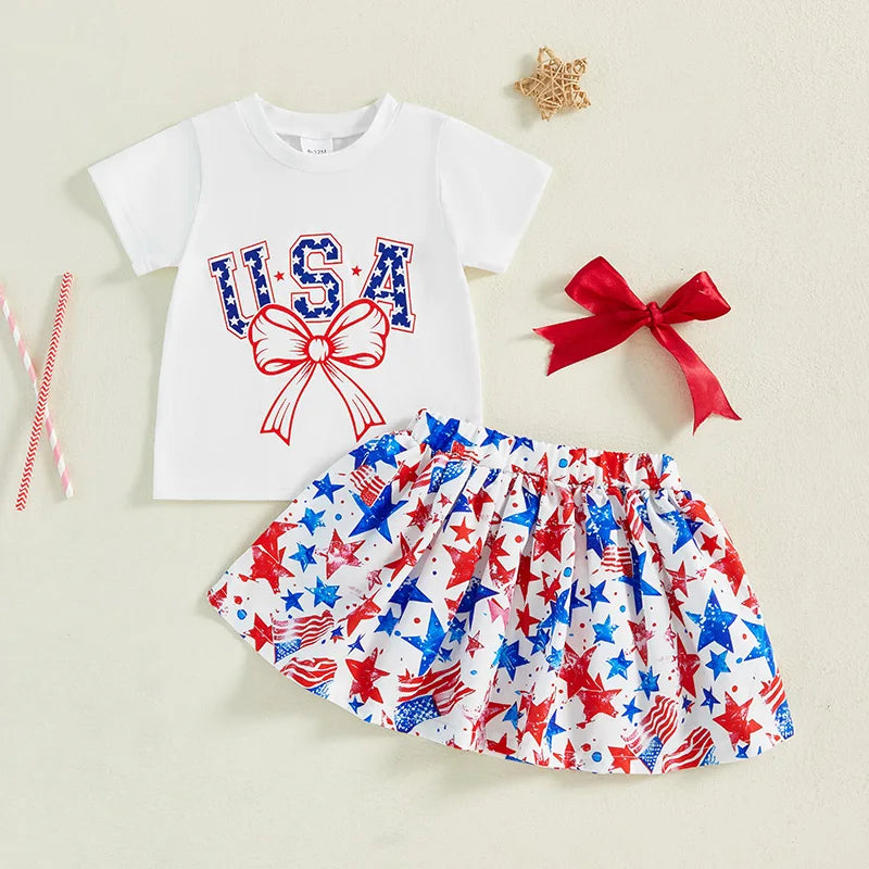 4th of July Girls Bow Tee + Skirt