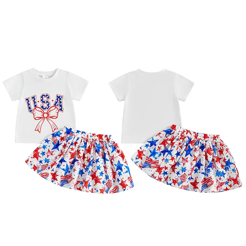 4th of July Girls Bow Tee + Skirt