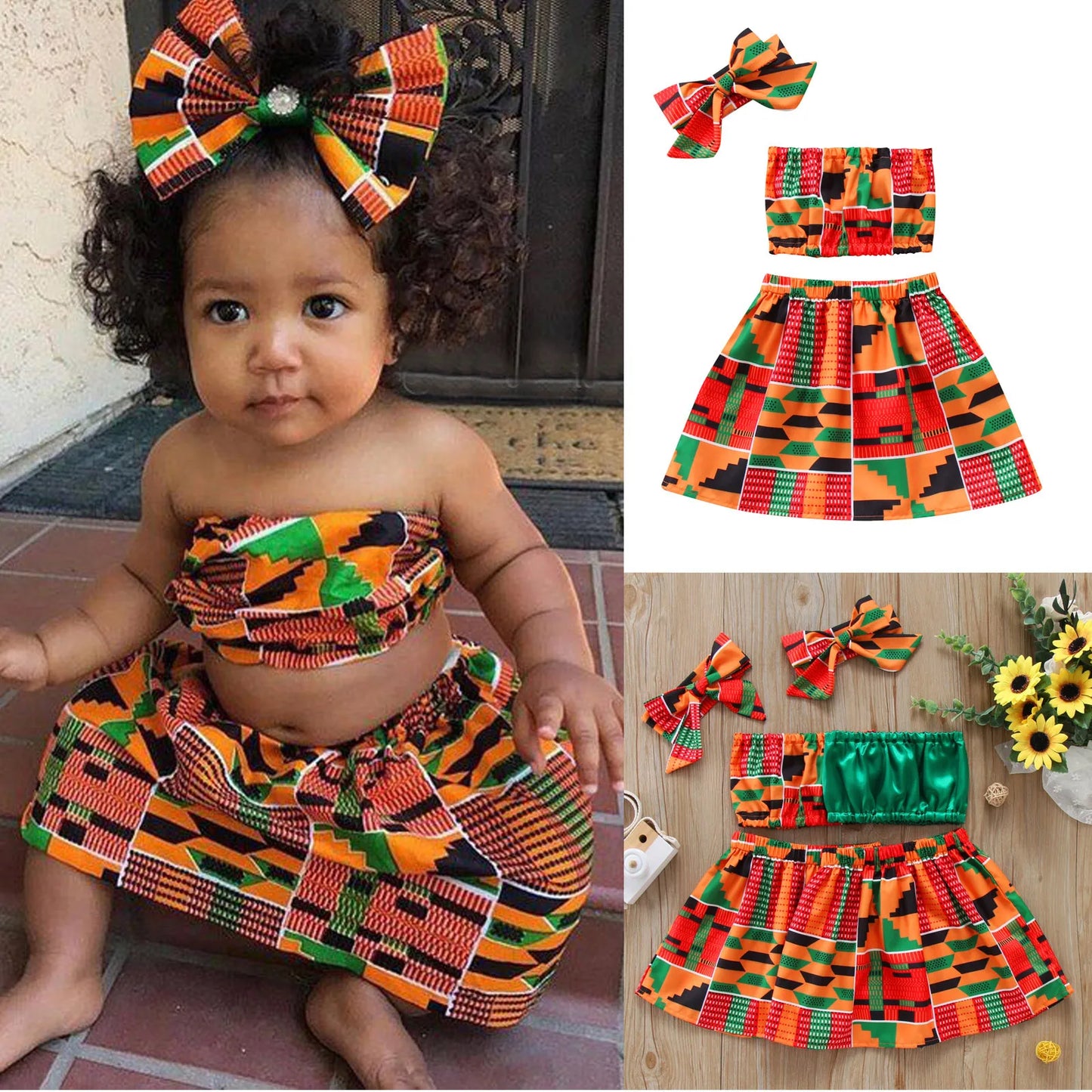 Girls Dashiki Skirt Top Set