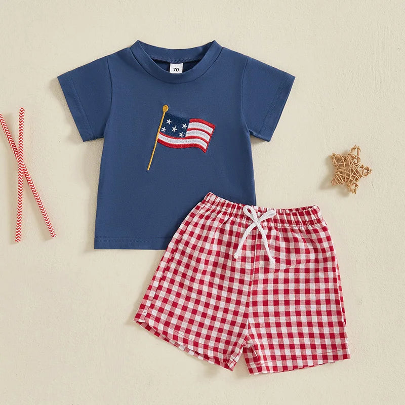Boys Flag Tee + Plaid Shorts Set