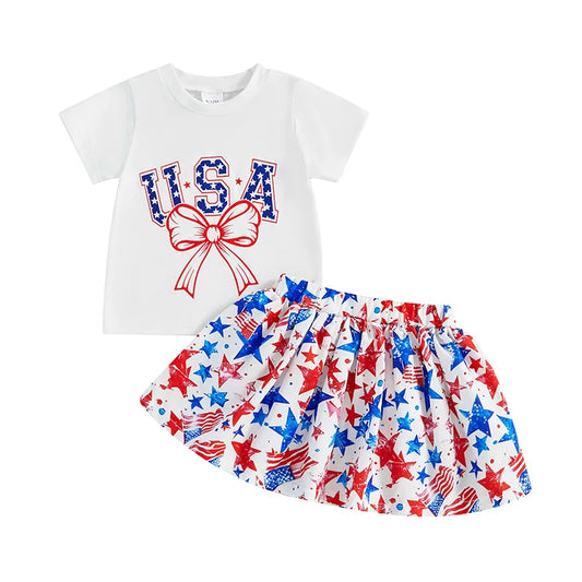 4th of July Girls Bow Tee + Skirt