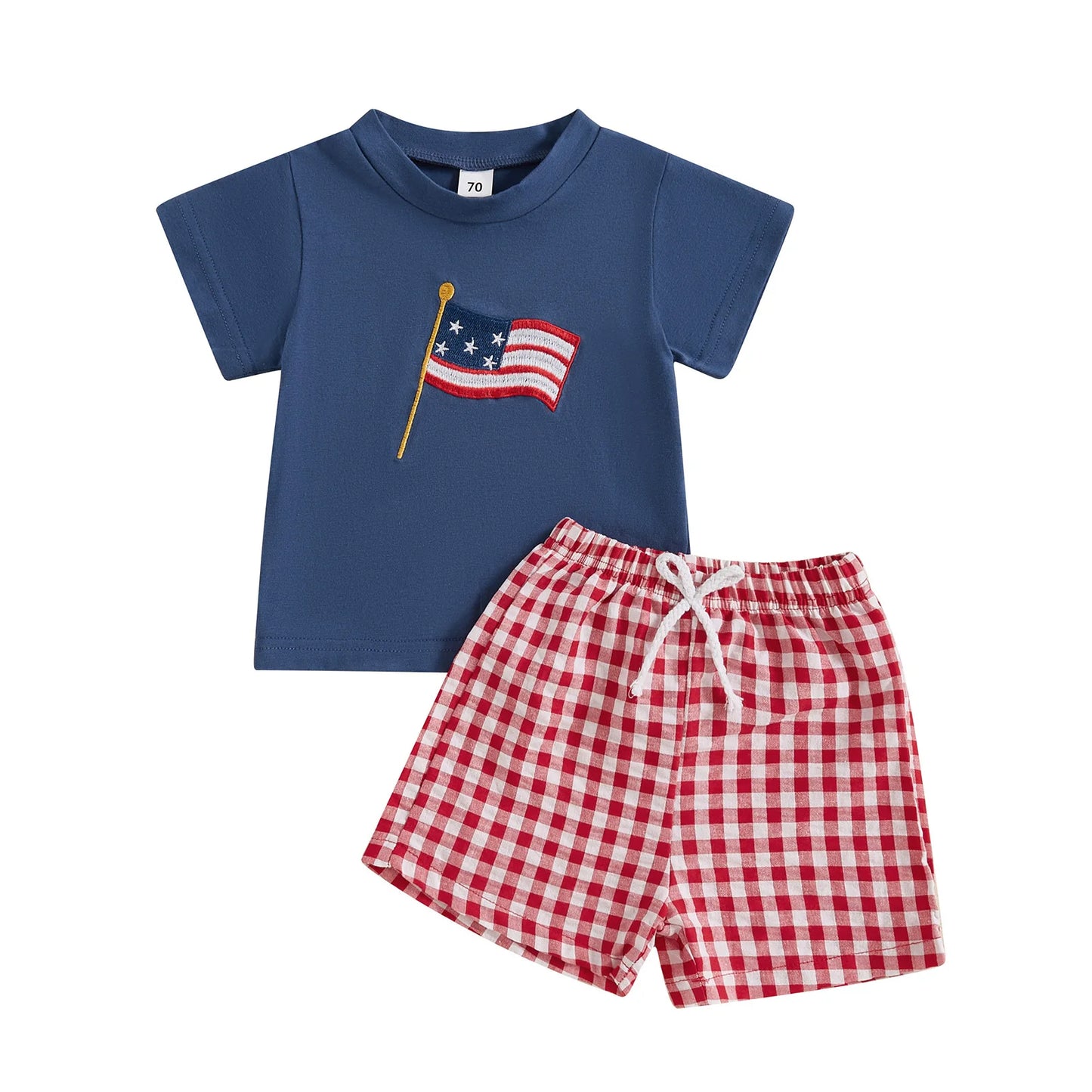 Boys Flag Tee + Plaid Shorts Set