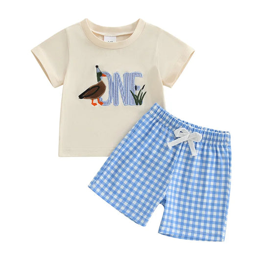 Boys Duck Tee + Plaid Shorts Set