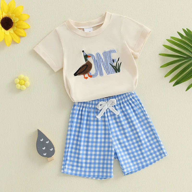 Boys Duck Tee + Plaid Shorts Set