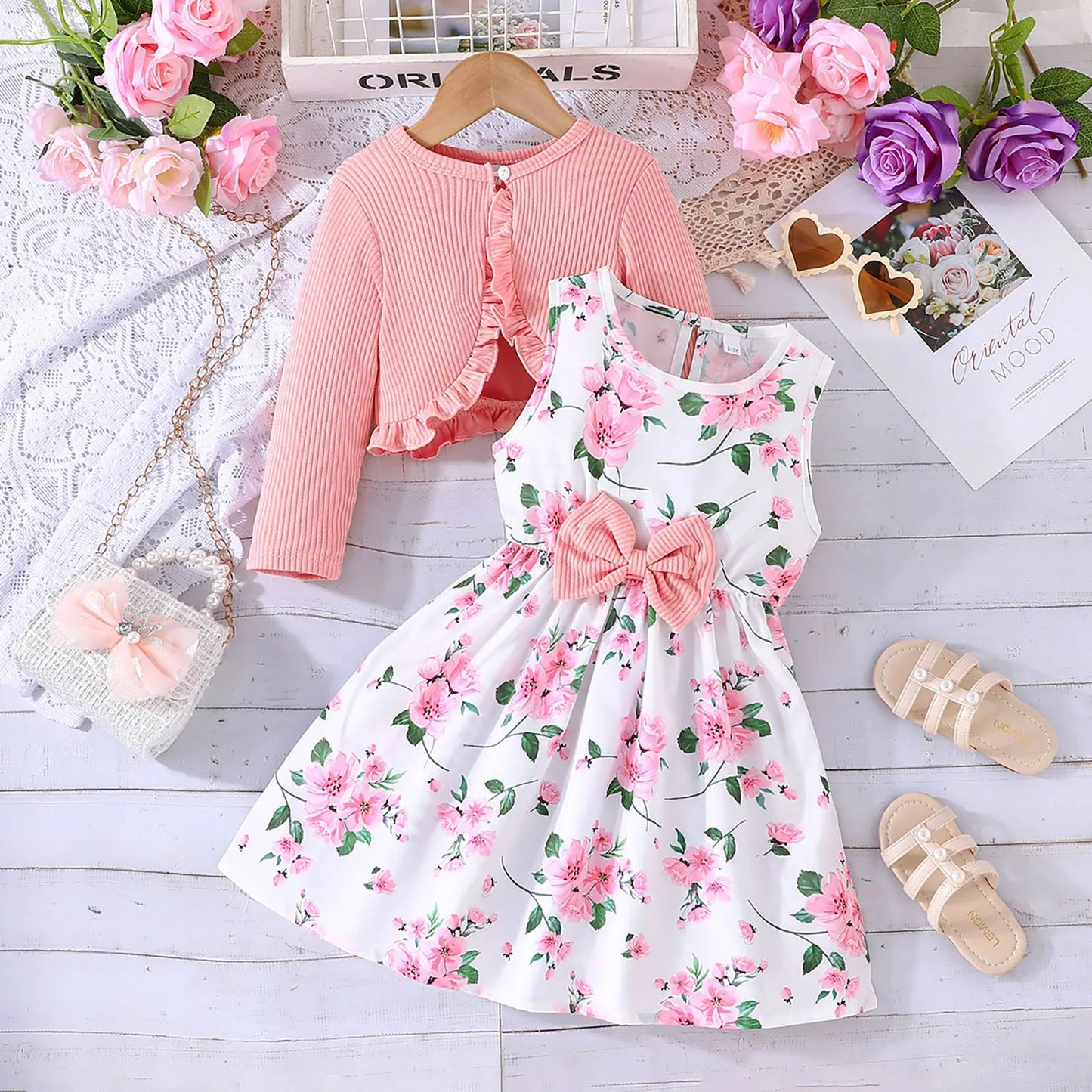 Girls Cardigan + Floral Dress Set