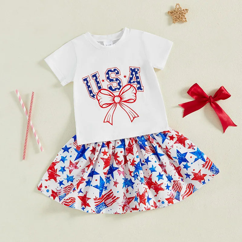 4th of July Girls Bow Tee + Skirt